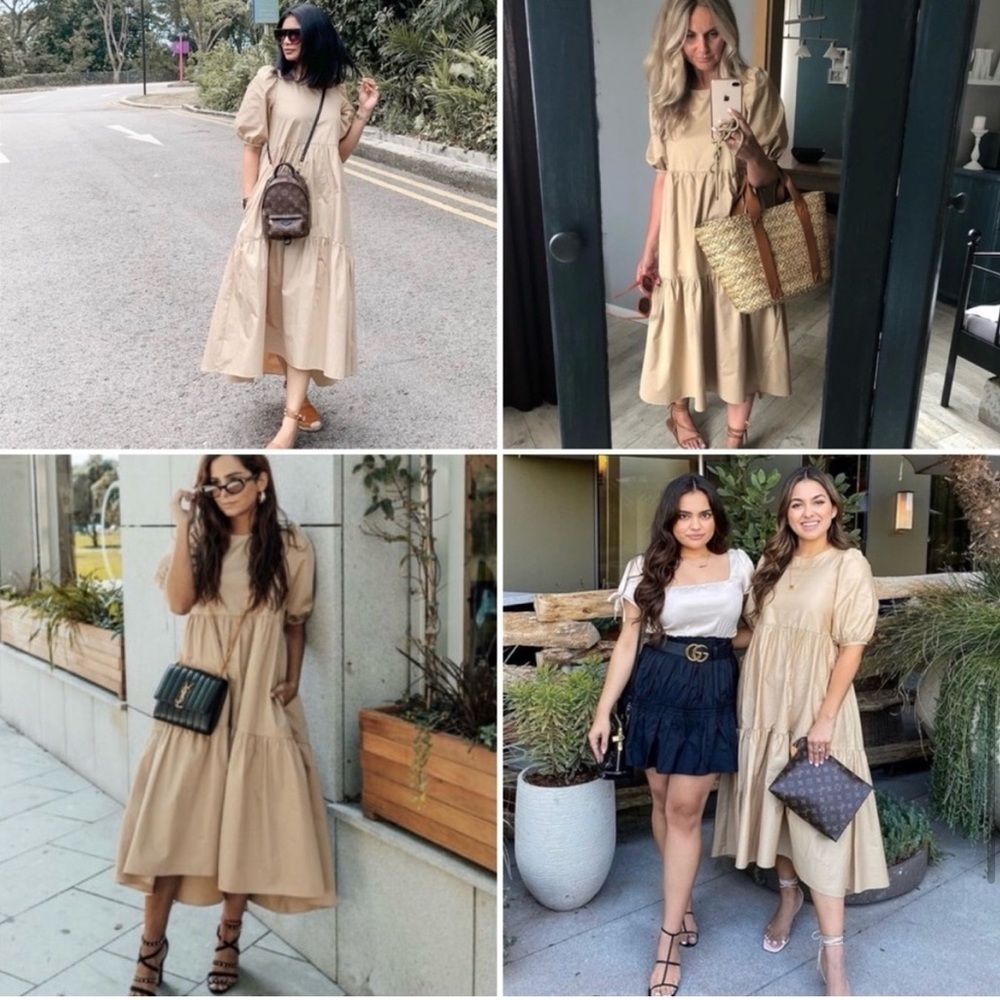Zara Camel Tan Poplin Tiered Midi Dress Puff Sleeve Asymmetric Hem Pockets S - Picture 10 of 16